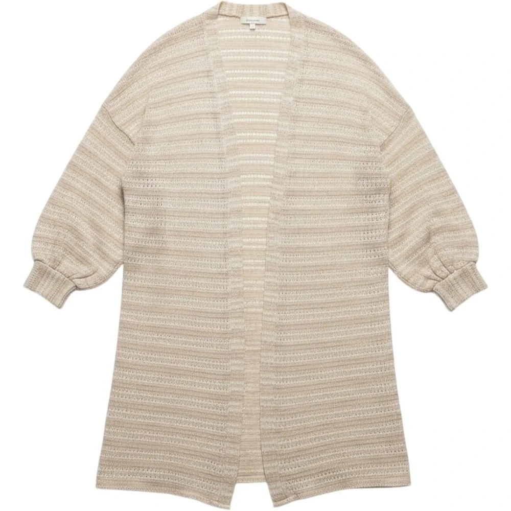Anthropologie Cream Striped Pointelle Knit Open Front Cardigan Balloon Sleeve OS